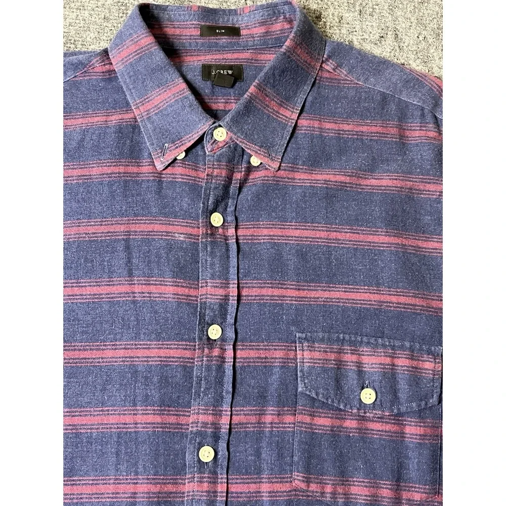 J CREW Shirt Mens Large Blue Brushed Twill Button Long Sleeve Striped Red‎